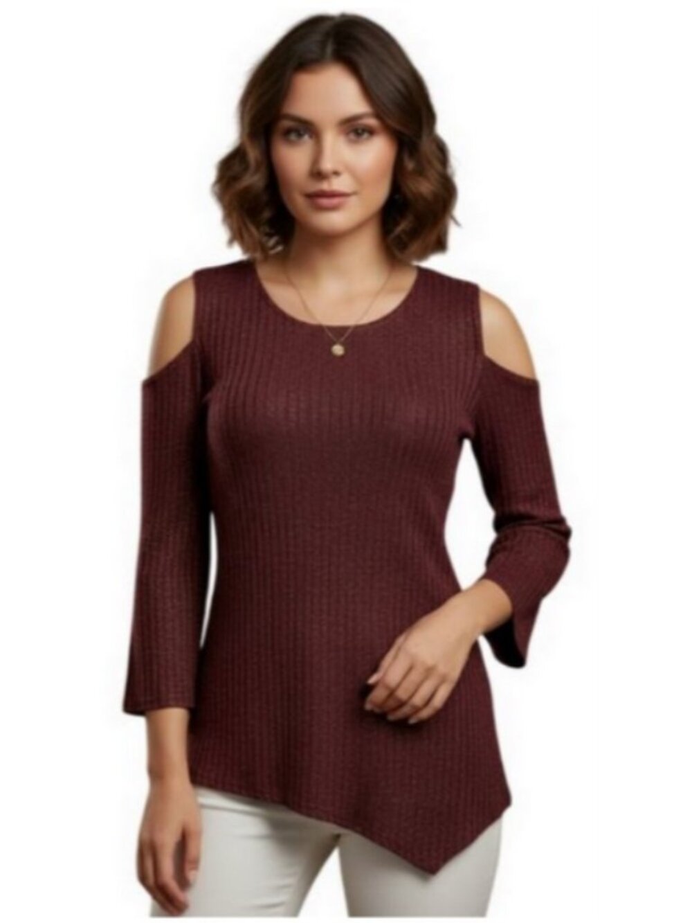NY Collection Maroon Sparkle Cold Shoulder Top Small New Ribbed Asymmetrical Hem